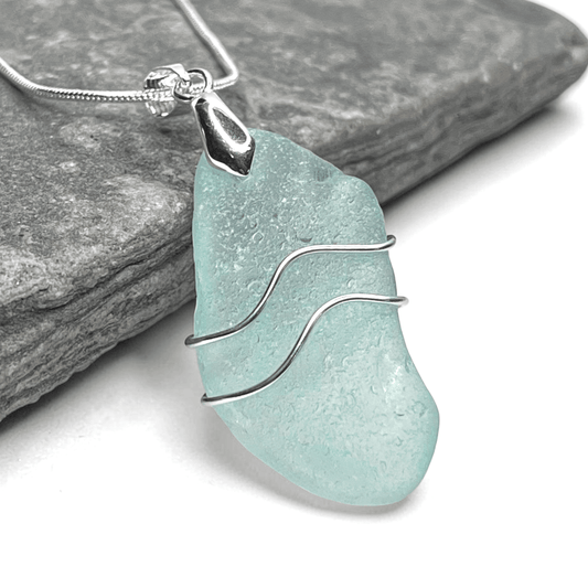 Sea Glass Necklace - Aqua Ripples Pendant - Scottish Jewellery - East Neuk Beach Crafts