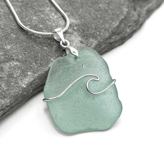 Sea Glass Necklace - Aqua Wave Pendant Scottish Jewellery - East Neuk Beach Crafts