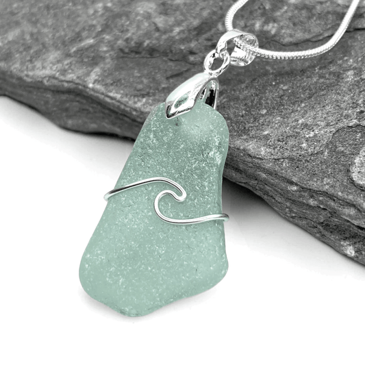 Sea Glass Necklace - Aqua Wave Pendant Scottish Jewellery - East Neuk Beach Crafts
