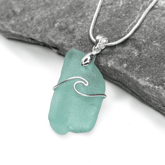 Sea Glass Necklace - Aqua Wave Pendant Scottish Jewellery - East Neuk Beach Crafts