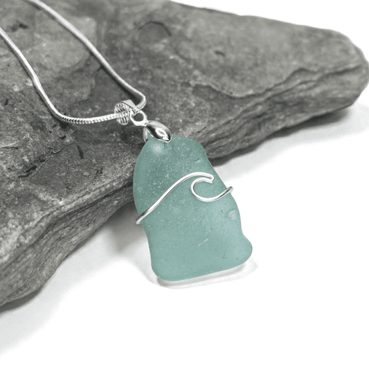 Sea Glass Necklace - Aqua Wave Pendant Scottish Jewellery - East Neuk Beach Crafts