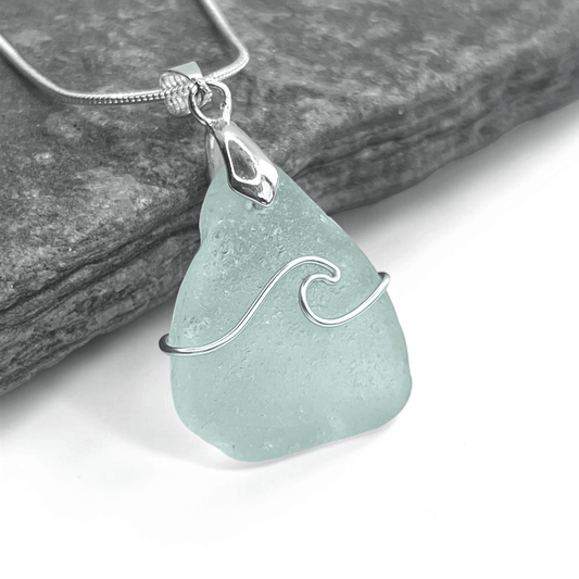 Sea Glass Necklace - Aqua Wave Pendant Scottish Jewellery - East Neuk Beach Crafts