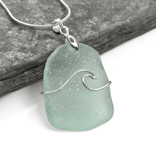 Sea Glass Necklace - Aqua Wave Pendant Scottish Jewellery - East Neuk Beach Crafts