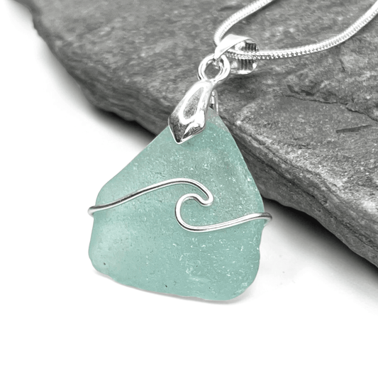 Sea Glass Necklace - Aqua Wave Pendant Scottish Jewellery - East Neuk Beach Crafts