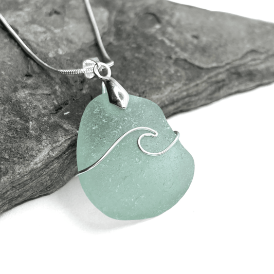 Sea Glass Necklace - Aqua Wave Pendant Scottish Jewellery - East Neuk Beach Crafts