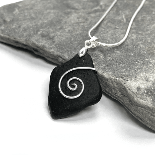 Sea Glass Necklace - Black Celtic Pendant - Scottish Jewellery - East Neuk Beach Crafts