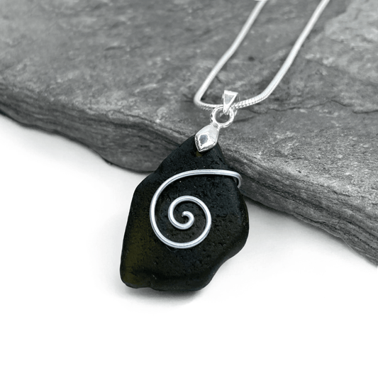 Sea Glass Necklace - Black Celtic Pendant - Scottish Jewellery - East Neuk Beach Crafts