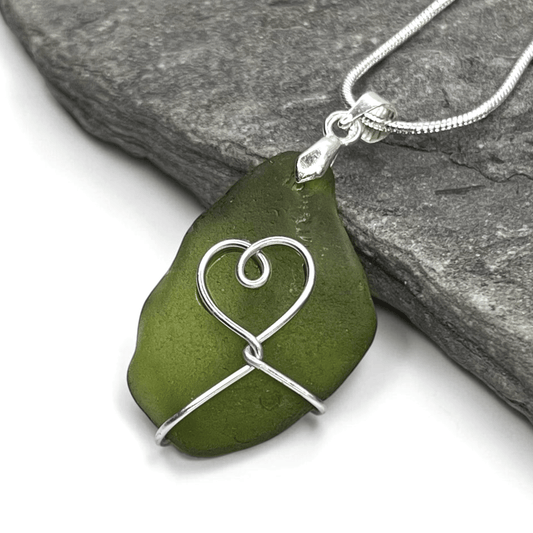 Sea Glass Necklace - Green Heart Pendant - Scottish Jewellery - East Neuk Beach Crafts