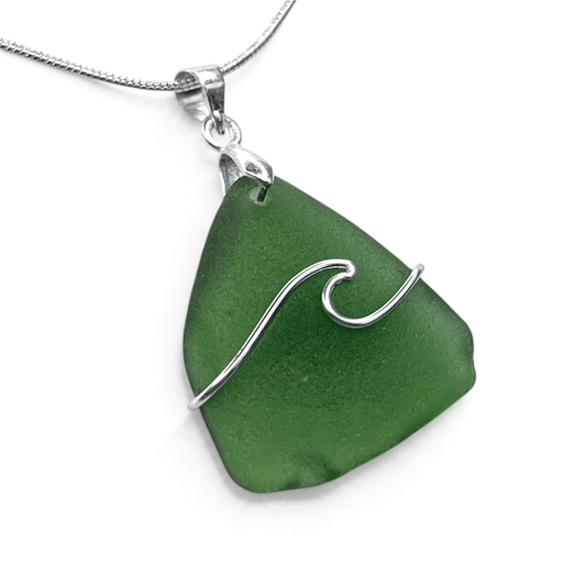 Sea Glass Necklace - Green Wave Pendant Scottish Jewellery - East Neuk Beach Crafts