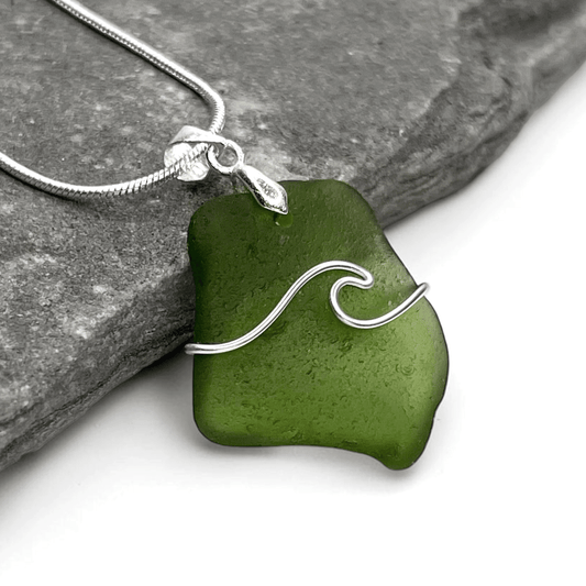 Sea Glass Necklace - Green Wave Pendant Scottish Jewellery - East Neuk Beach Crafts
