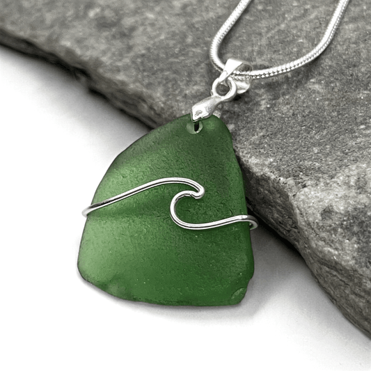 Sea Glass Necklace - Green Wave Pendant Scottish Jewellery - East Neuk Beach Crafts