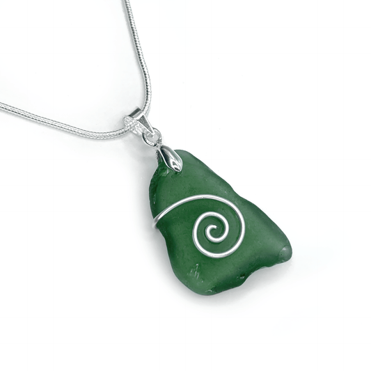 Sea Glass Necklace - Olive Green Celtic Wire Wrapped Pendant - Scottish Silver Jewellery - East Neuk Beach Crafts