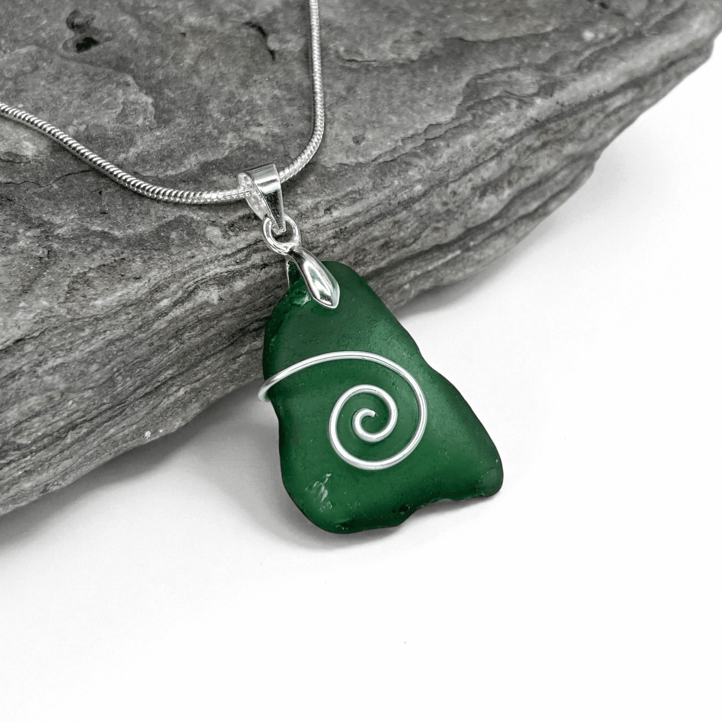 Sea Glass Necklace - Olive Green Celtic Wire Wrapped Pendant - Scottish Silver Jewellery - East Neuk Beach Crafts