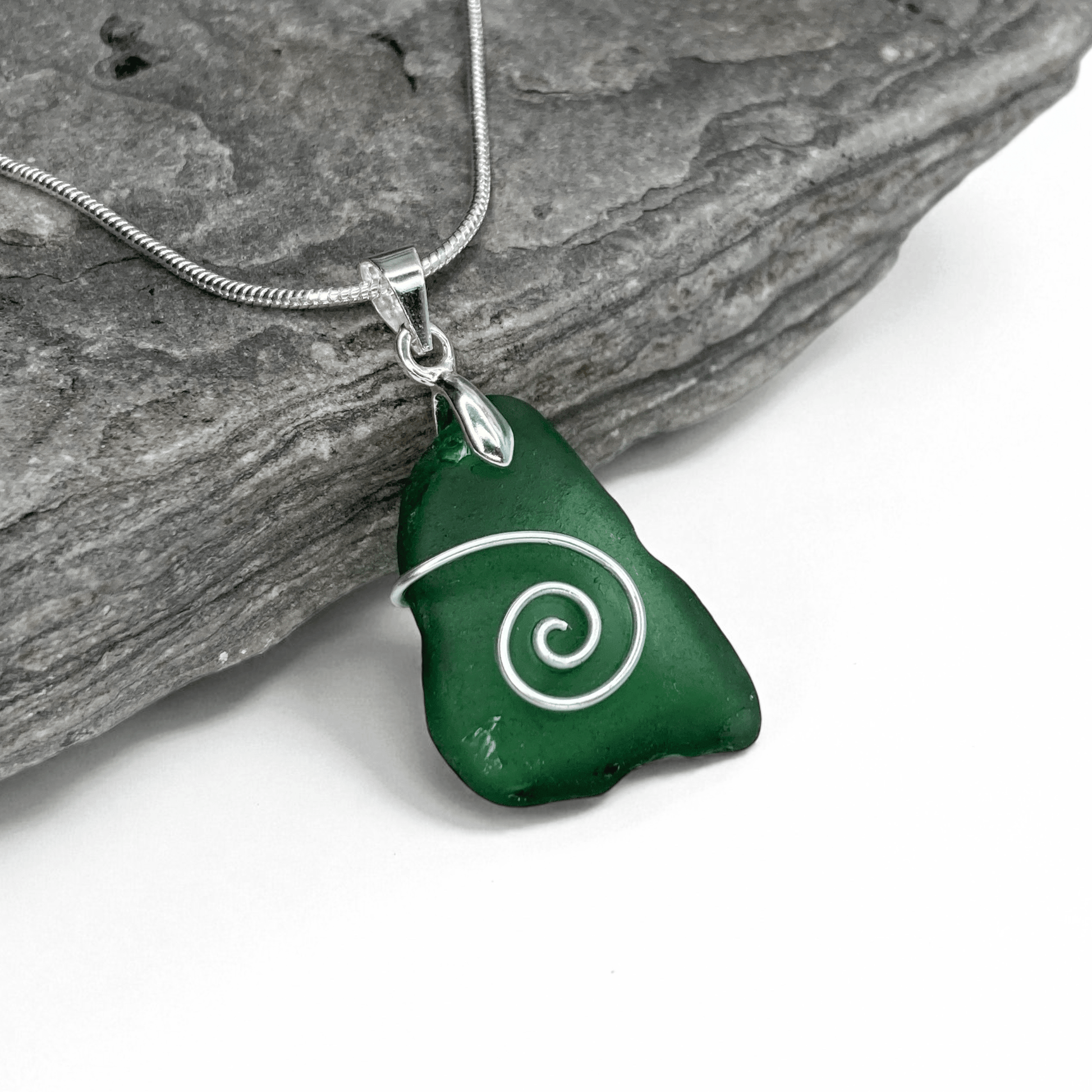 Sea Glass Necklace - Olive Green Celtic Wire Wrapped Pendant - Scottish Silver Jewellery - East Neuk Beach Crafts