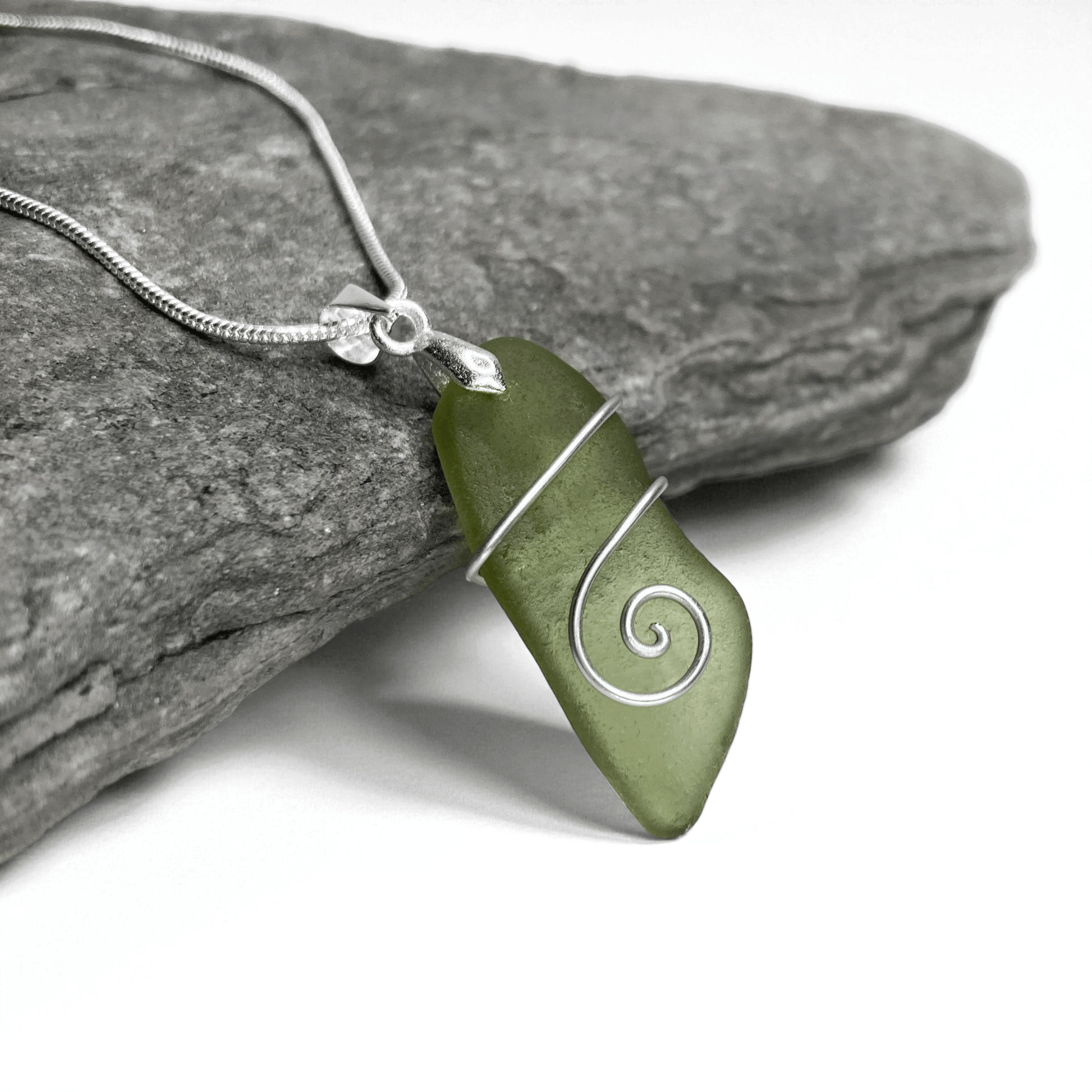 Sea Glass Necklace - Olive Green Celtic Wire Wrapped Pendant - Scottish Silver Jewellery - East Neuk Beach Crafts