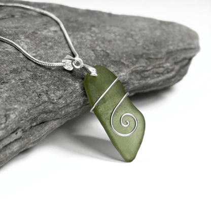 Sea Glass Necklace - Olive Green Celtic Wire Wrapped Pendant - Scottish Silver Jewellery - East Neuk Beach Crafts