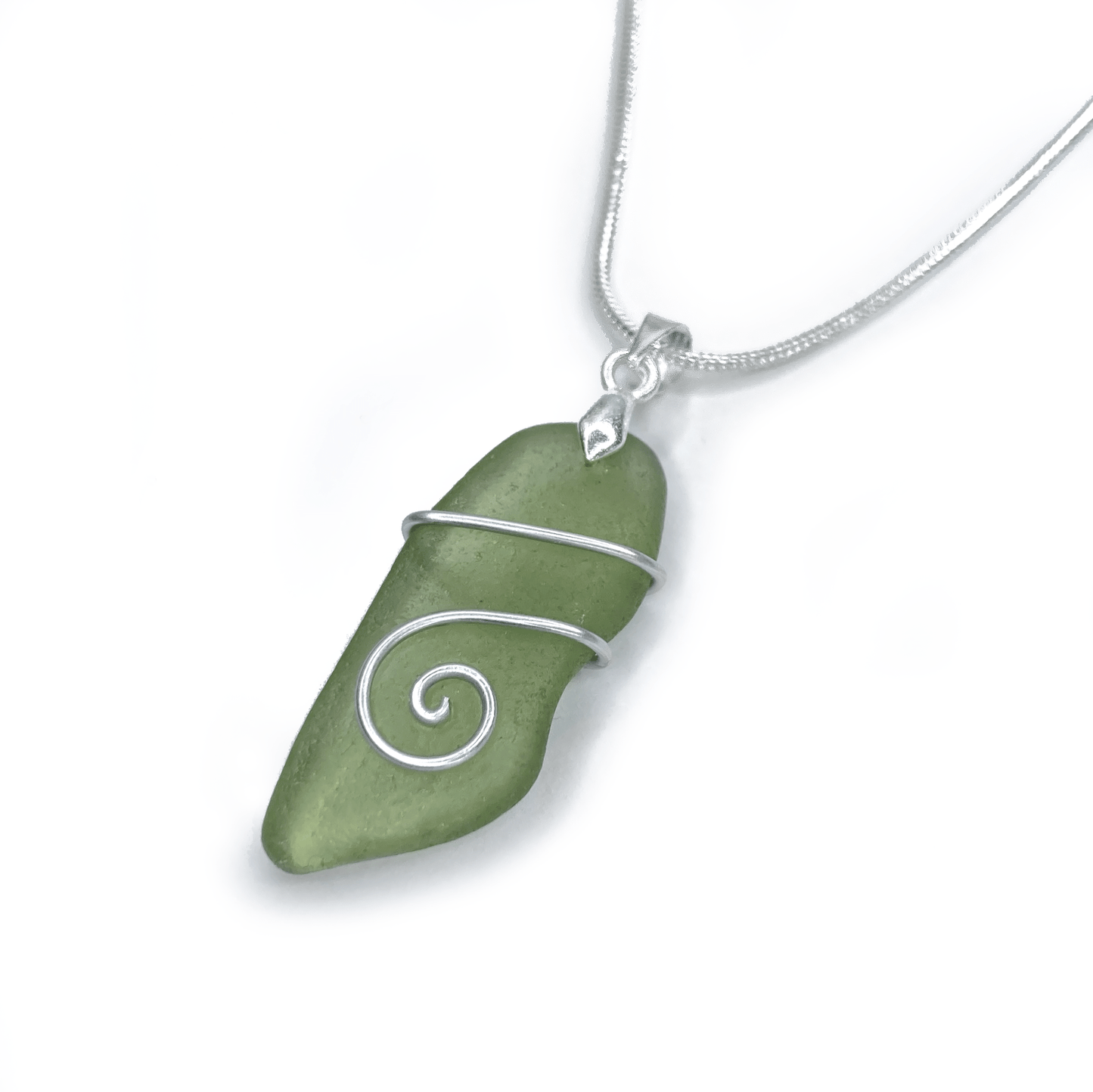 Sea Glass Necklace - Olive Green Celtic Wire Wrapped Pendant - Scottish Silver Jewellery - East Neuk Beach Crafts