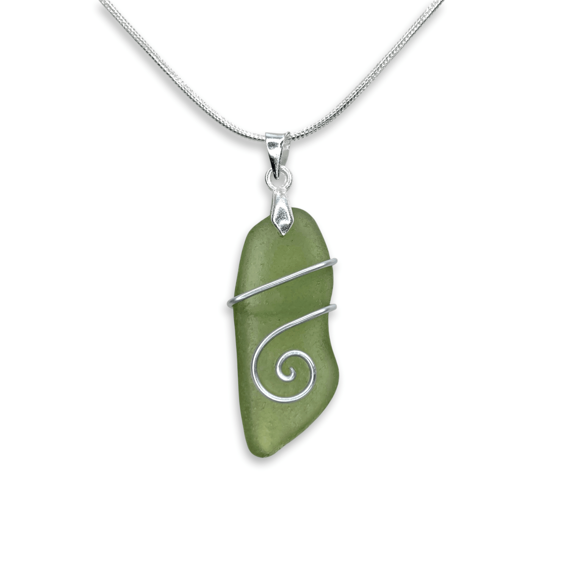 Sea Glass Necklace - Olive Green Celtic Wire Wrapped Pendant - Scottish Silver Jewellery - East Neuk Beach Crafts