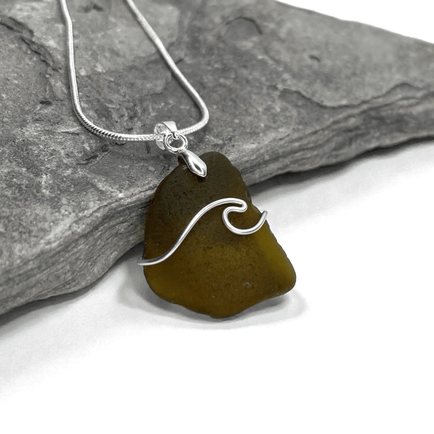 Sea Glass Necklace - Olive Wave Pendant - Scottish Jewellery - East Neuk Beach Crafts