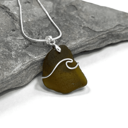 Sea Glass Necklace - Olive Wave Pendant - Scottish Jewellery - East Neuk Beach Crafts