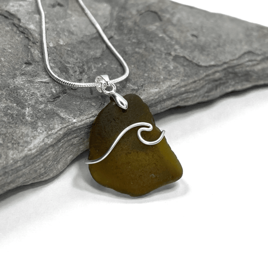 Sea Glass Necklace - Olive Wave Pendant - Scottish Jewellery - East Neuk Beach Crafts