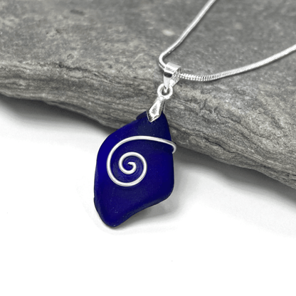Sea Glass Necklace - Rare Dark Blue Celtic Wire Wrapped Pendant - Scottish Silver Jewellery - East Neuk Beach Crafts