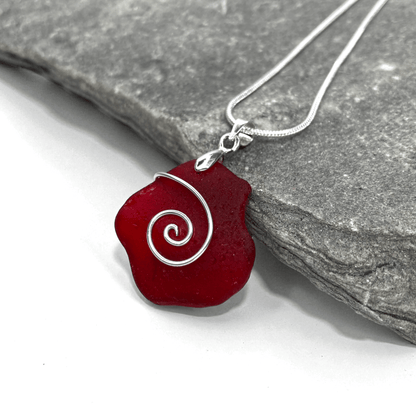 Sea Glass Necklace - Rare Dark Red Celtic Pendant - Scottish Silver Jewellery - East Neuk Beach Crafts