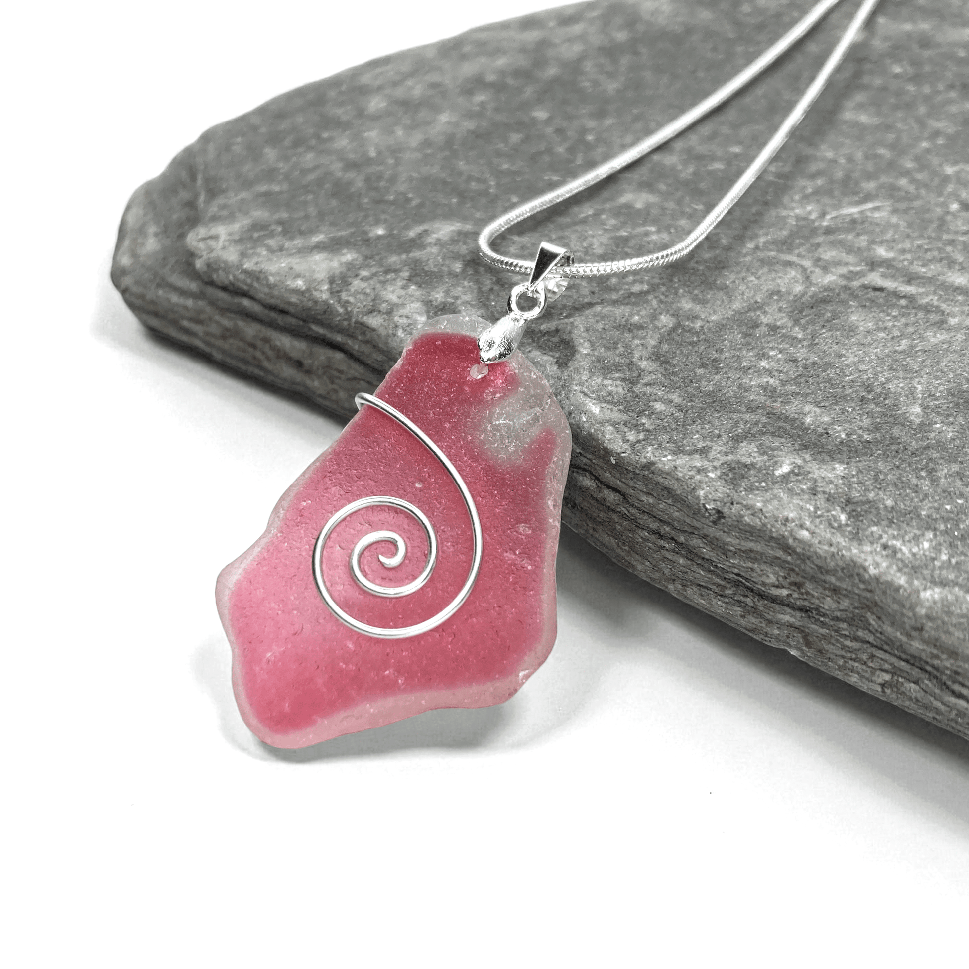 Sea Glass Necklace - Rare Large Pink Flash Glass Celtic Pendant - Scottish Silver Jewellery - East Neuk Beach Crafts