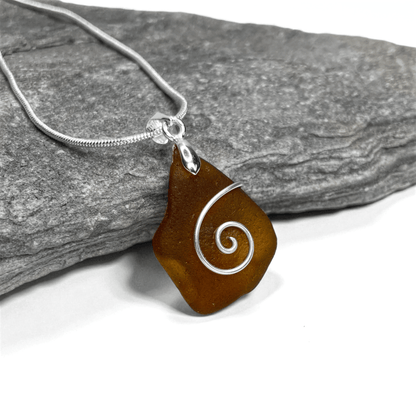 Sea Glass Pendant - Amber Brown Celtic Spiral Wire Wrapped Necklace - Scottish Silver Jewellery - East Neuk Beach Crafts