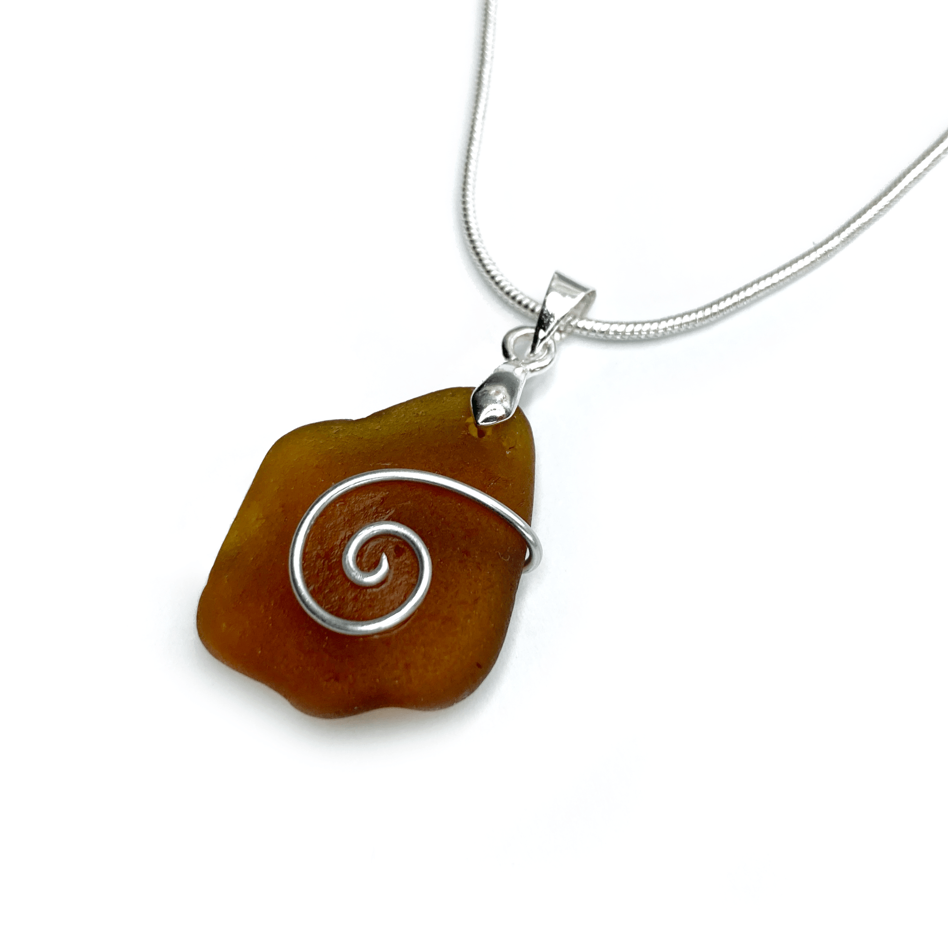 Sea Glass Pendant - Amber Brown Celtic Spiral Wire Wrapped Necklace - Scottish Silver Jewellery - East Neuk Beach Crafts