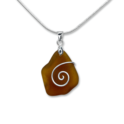 Sea Glass Pendant - Amber Brown Celtic Spiral Wire Wrapped Necklace - Scottish Silver Jewellery - East Neuk Beach Crafts