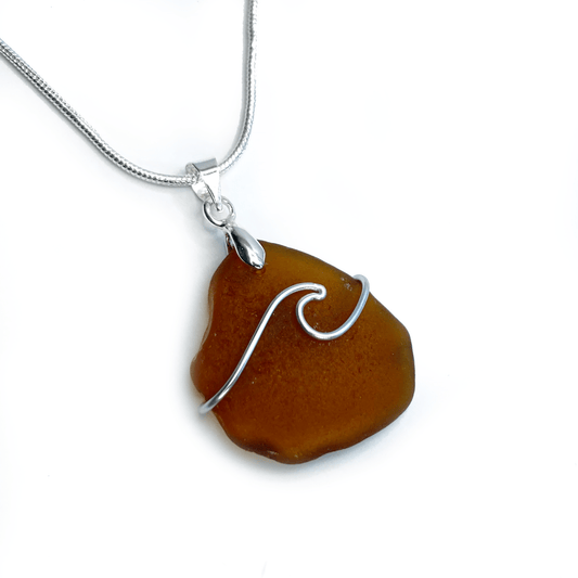 Sea Glass Pendant - Amber Brown Wave Wire Wrapped Necklace - Scottish Silver Jewellery - East Neuk Beach Crafts