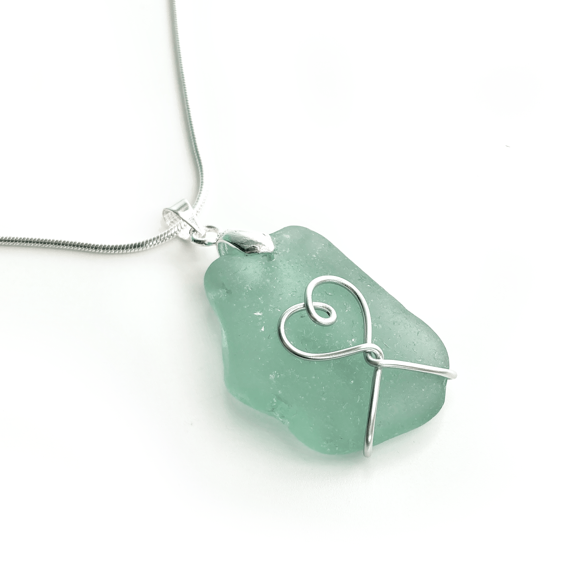 Sea Glass Pendant - Aqua Green Heart Wire Wrapped Necklace - Scottish Silver Jewellery - East Neuk Beach Crafts
