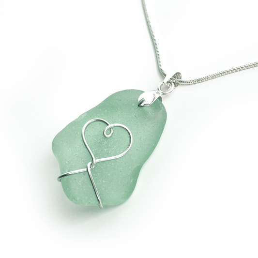 Sea Glass Pendant - Aqua Green Heart Wire Wrapped Necklace - Scottish Silver Jewellery - East Neuk Beach Crafts