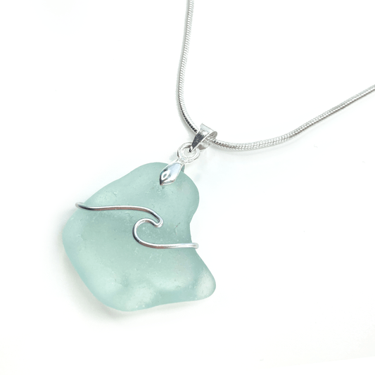 Sea Glass Pendant - Aqua Green Wave Wire Wrapped Necklace - Scottish Silver Jewellery - East Neuk Beach Crafts