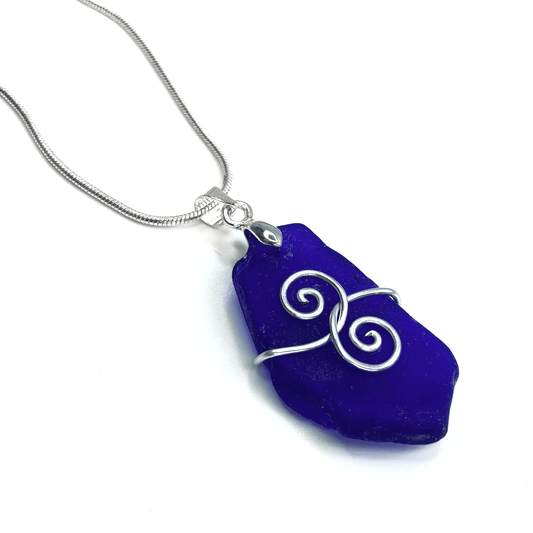 Sea Glass Pendant - Cobalt Blue 'Friendship' Interlocking Spirals Necklace - Silver Scottish Beach Jewellery - East Neuk Beach Crafts
