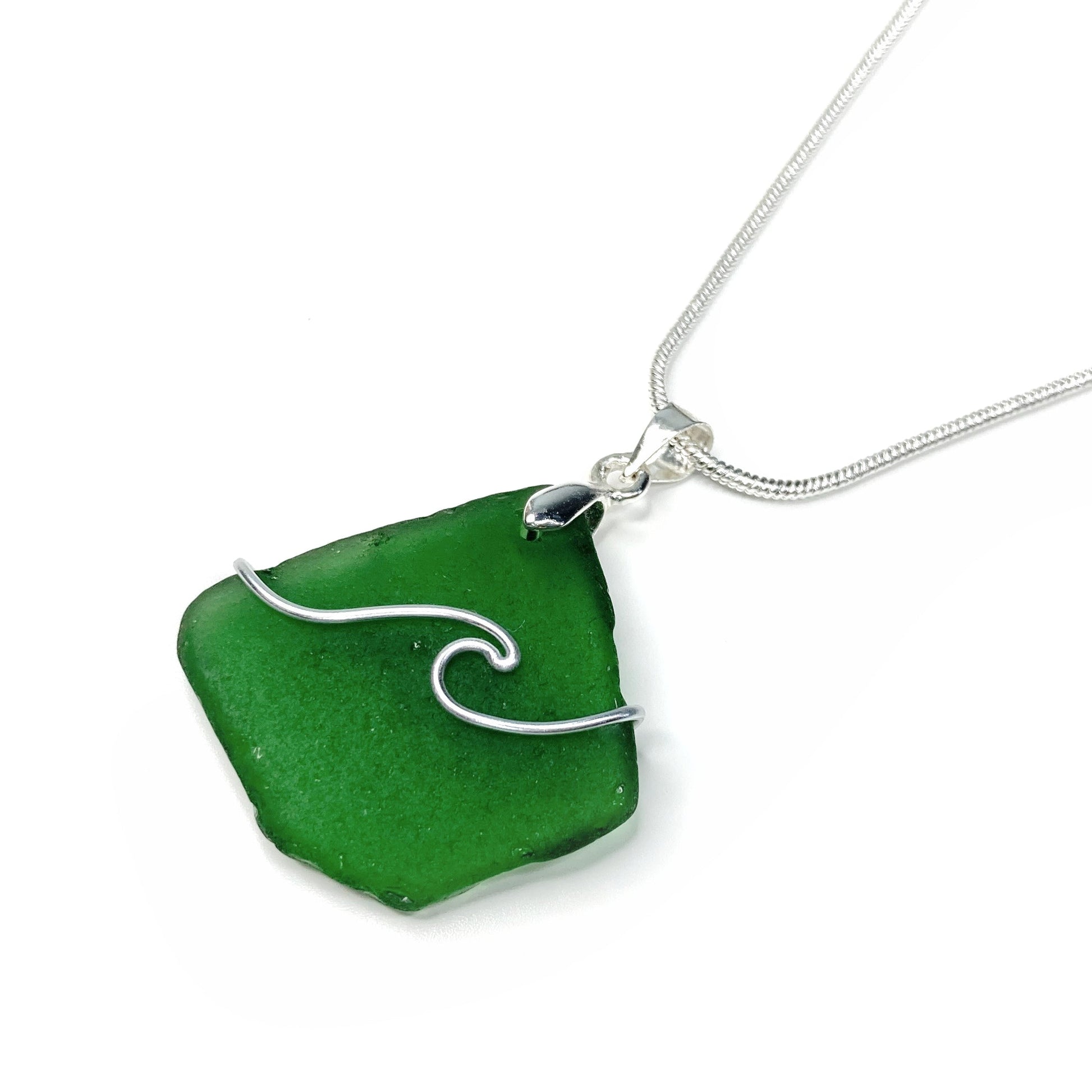 Sea Glass Pendant Emerald Green Wave Wire Wrapped Necklace