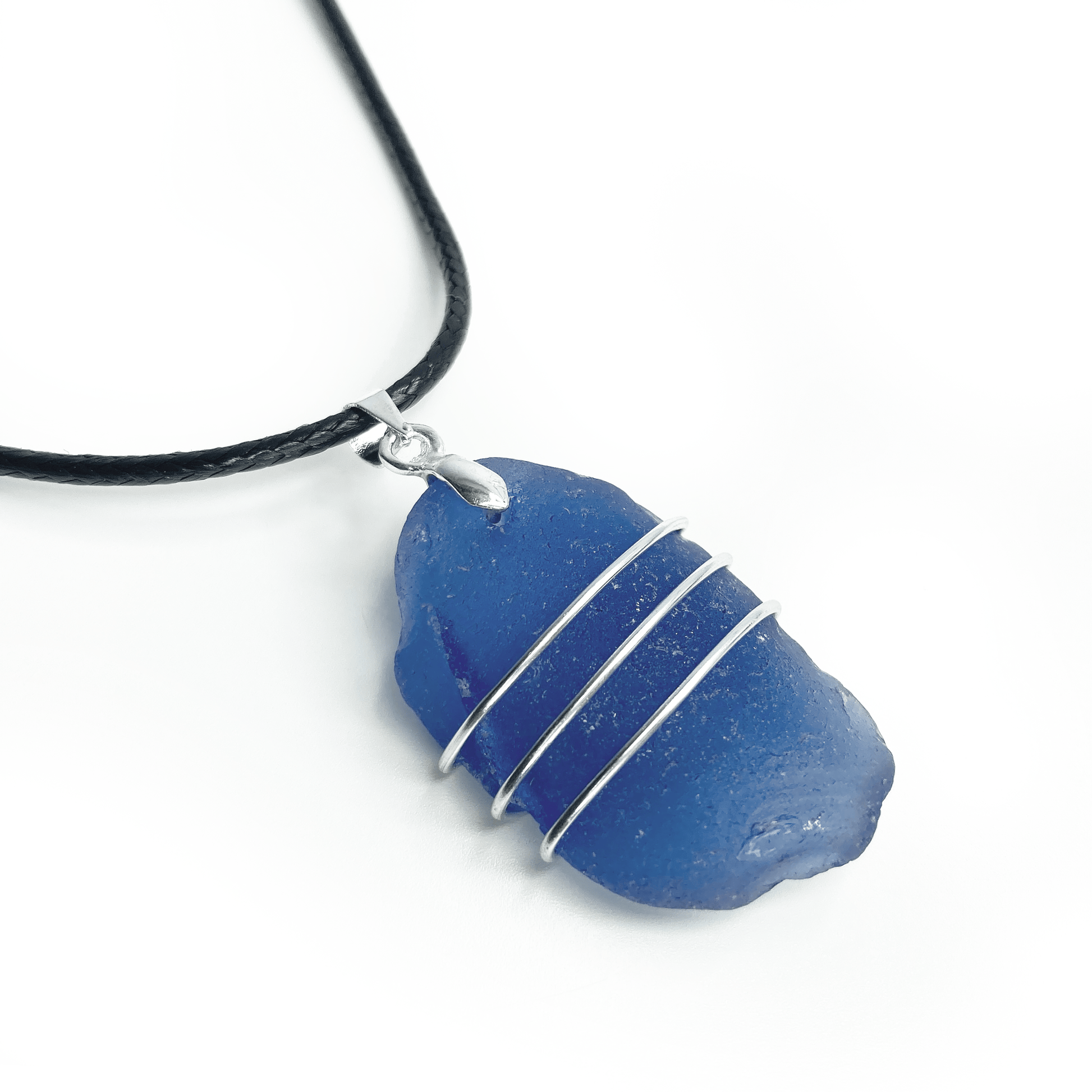 Sea Glass Pendant Men s Unisex Blue Wire Wrapped Necklace Scottish Handmade Jewellery Black Waxed Cord Necklace