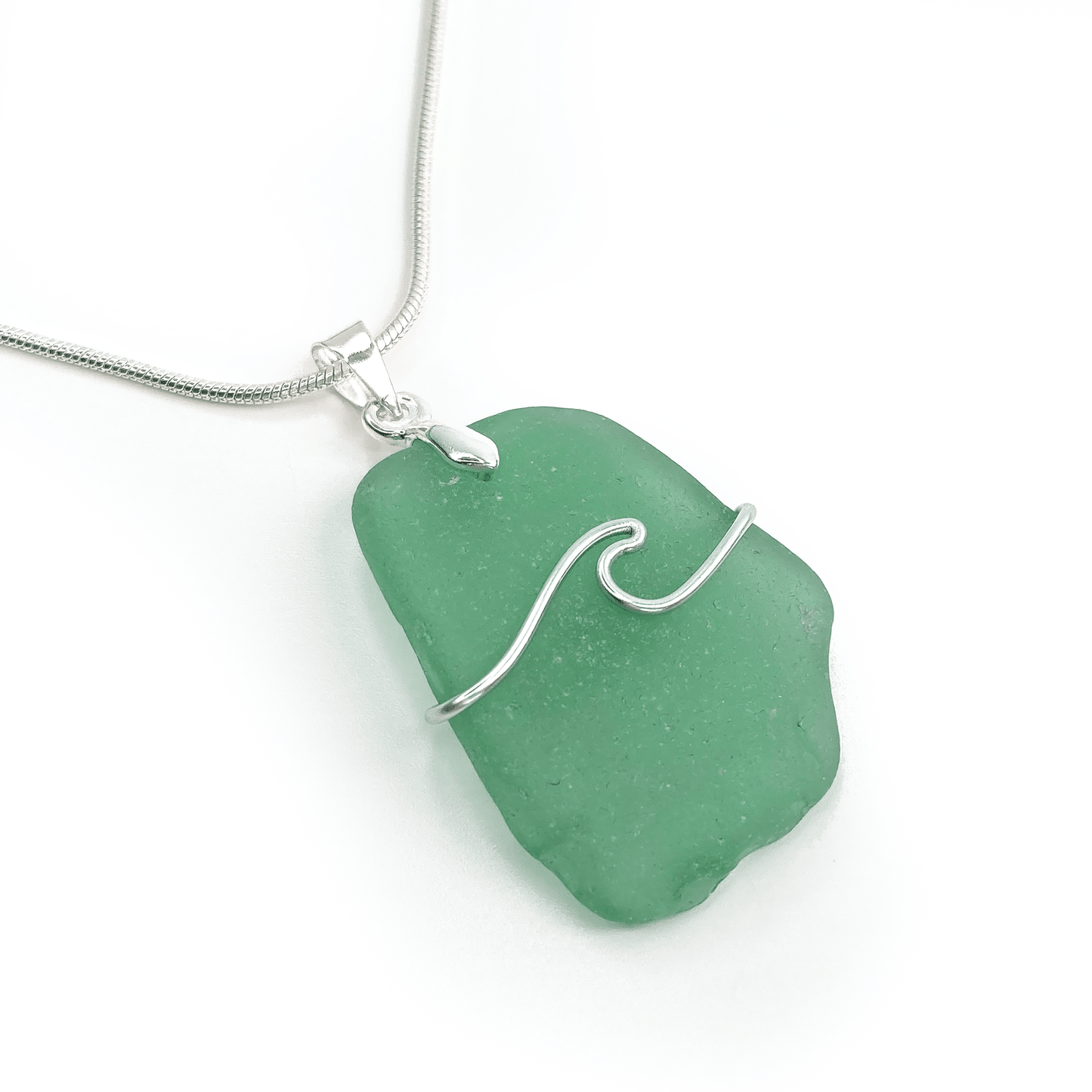 Sea Glass Pendant - Olive Green Wave Wire Wrapped Necklace - Scottish Silver Jewellery - East Neuk Beach Crafts