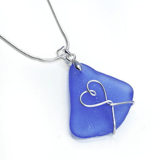 Sea Glass Pendant - Pale Blue Heart Wire Wrapped Necklace - Scottish Silver Jewellery - East Neuk Beach Crafts