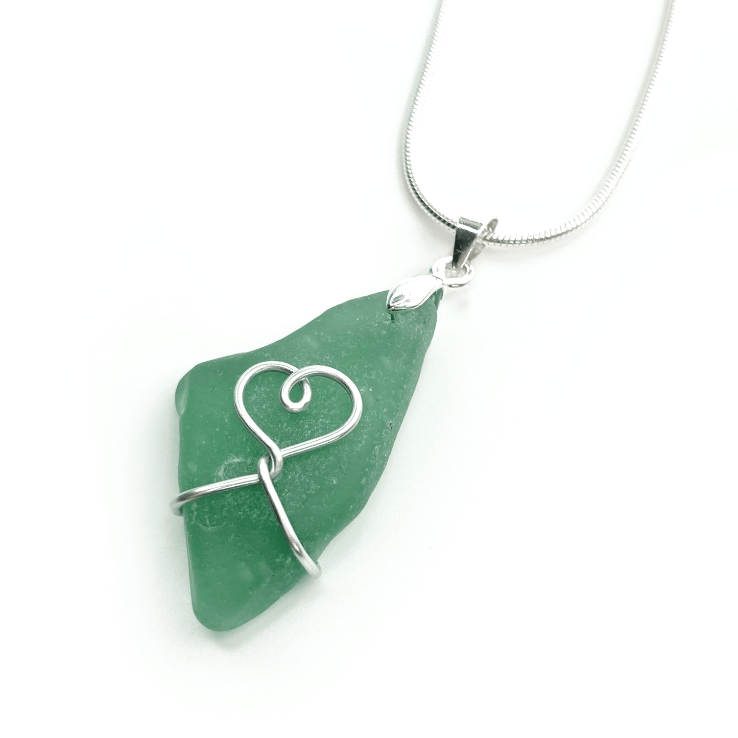 Sea Glass Pendant - Pale Green Heart Wire Wrapped Necklace - Scottish Silver Jewellery - East Neuk Beach Crafts