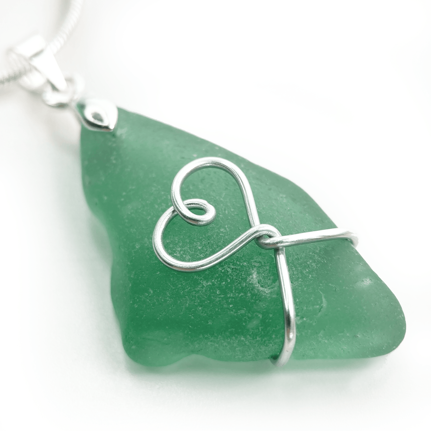Sea Glass Pendant - Pale Green Heart Wire Wrapped Necklace - Scottish Silver Jewellery - East Neuk Beach Crafts