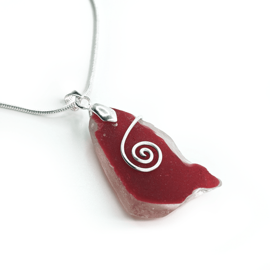 Sea Glass Pendant - Rare Red Flash Glass Celtic Spiral Wire Wrapped Necklace - Scottish Silver Jewellery - East Neuk Beach Crafts