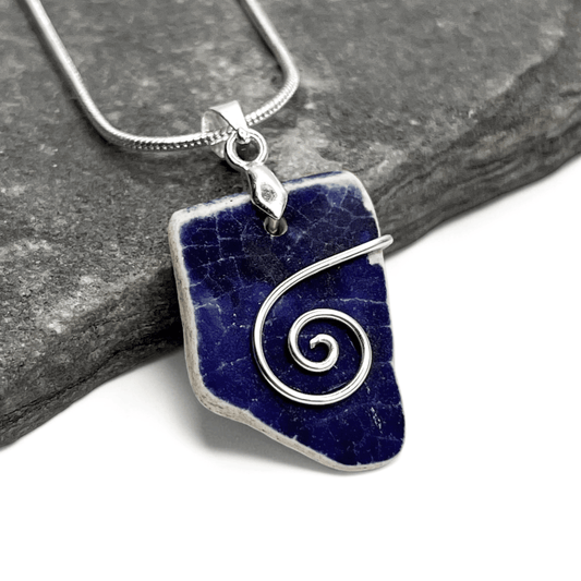 Sea Pottery Pendant - Antique Beach China - Blue Celtic Necklace - East Neuk Beach Crafts