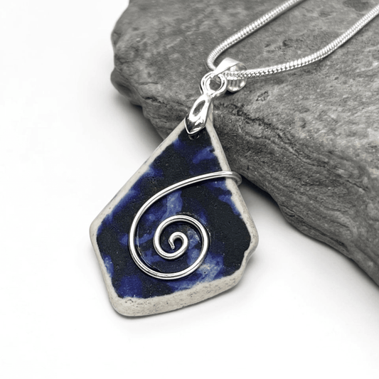 Sea Pottery Pendant - Antique Beach China - Blue Celtic Necklace - East Neuk Beach Crafts