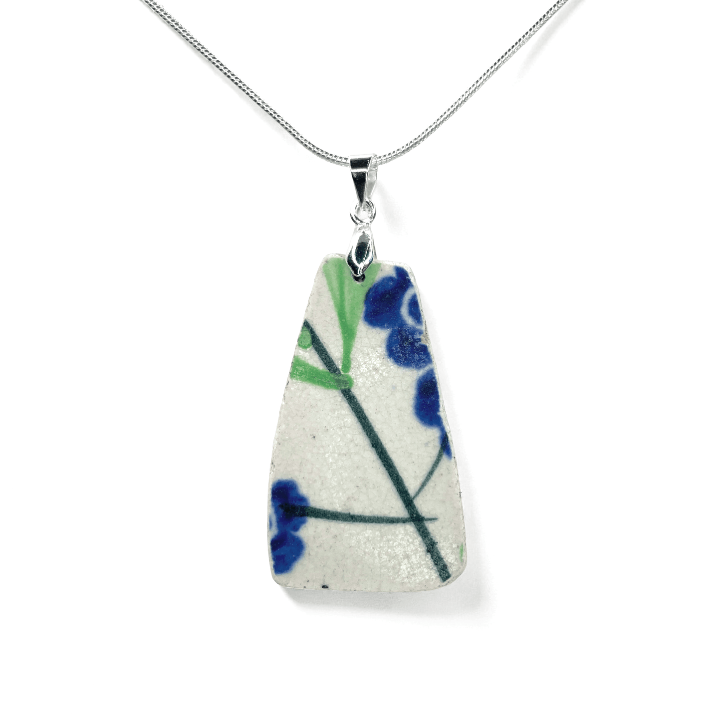 Sea Pottery Pendant - Antique Beach China - Blue & Green Floral Necklace - East Neuk Beach Crafts