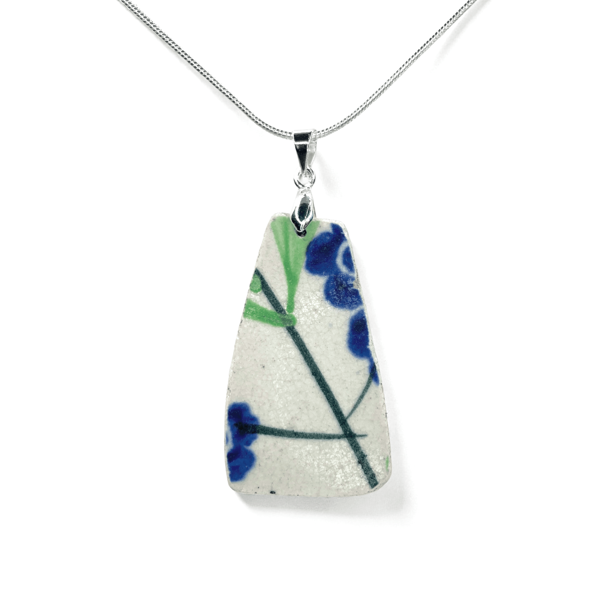 Sea Pottery Pendant - Antique Beach China - Blue & Green Floral Necklace - East Neuk Beach Crafts