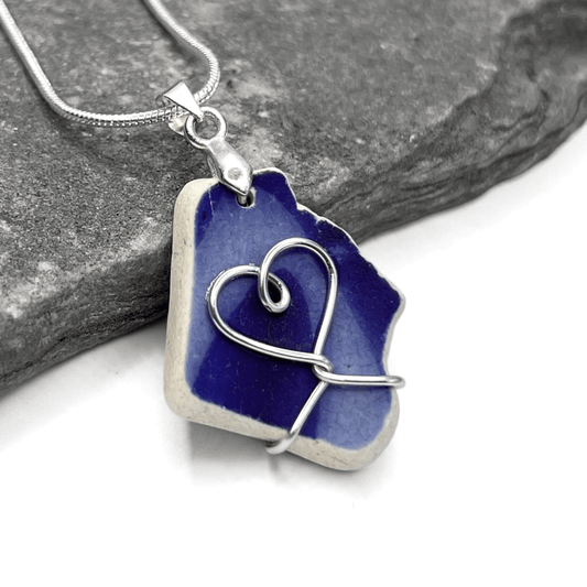 Sea Pottery Pendant - Antique Beach China - Blue Heart Necklace - East Neuk Beach Crafts