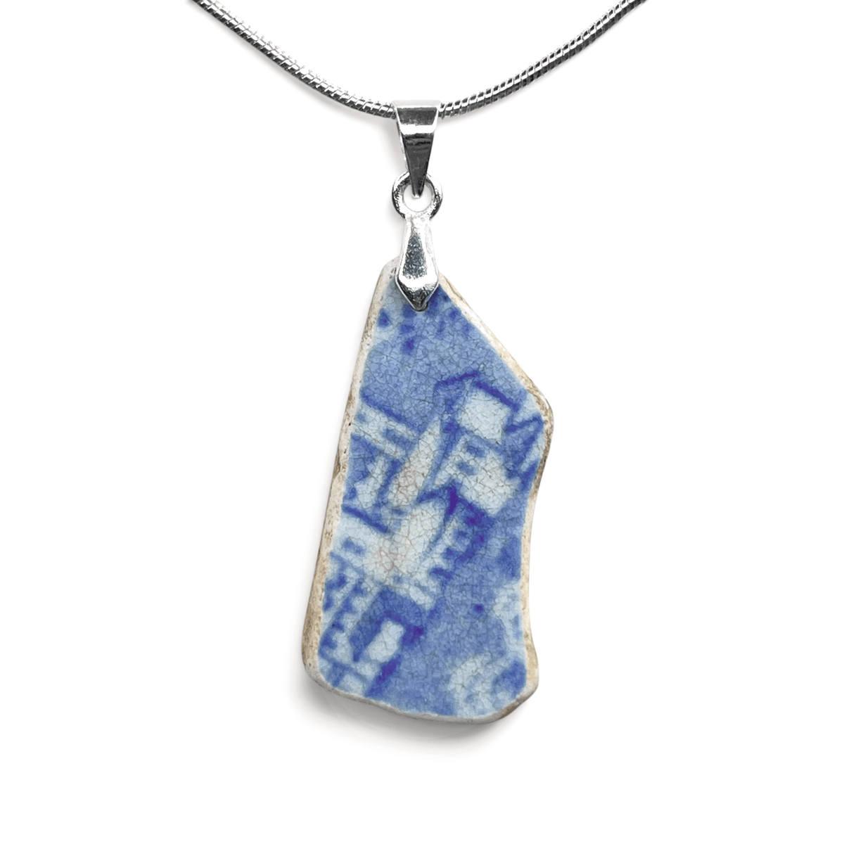 Sea Pottery Pendant - Antique Beach China - Blue Houses Pattern Necklace - East Neuk Beach Crafts