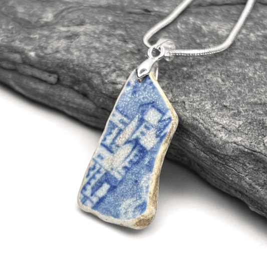 Sea Pottery Pendant - Antique Beach China - Blue Houses Pattern Necklace - East Neuk Beach Crafts